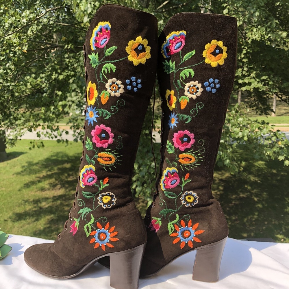 Vtg Jerry Edouard Brown Suede Embroidered Beaded 60'/70's Penny Lane GoGo Boots - Picture 5 of 12